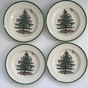 SPODE Christmas Tree Holiday Set of Four 10.5” Dinner Plates New In Box